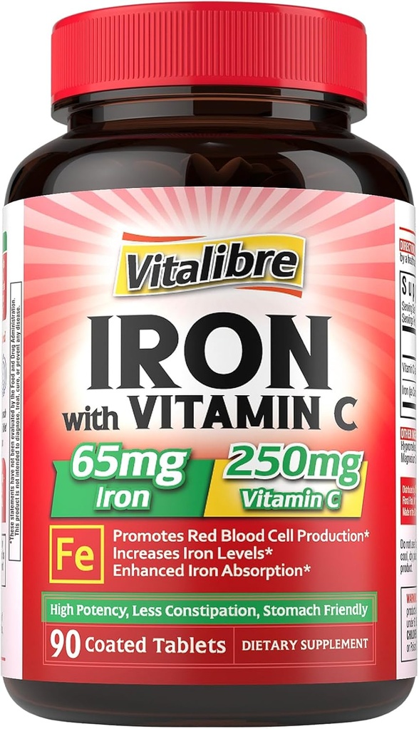 IJzersupplement 65mg met vitamine C, Maagvriendelijk Carbonyl Iron, Hoge Absorptie, Eenmaal daags, Ondersteunt de productie van rode bloedcellen, Glutenvrij, Non-GMO, 90 tabletten