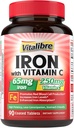 IJzersupplement 65mg met vitamine C, Maagvriendelijk Carbonyl Iron, Hoge Absorptie, Eenmaal daags, Ondersteunt de productie van rode bloedcellen, Glutenvrij, Non-GMO, 90 tabletten