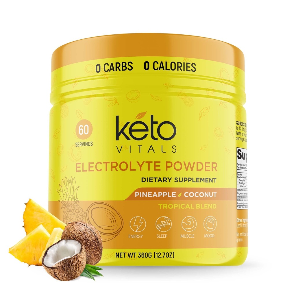 Keto Vitals Electrolytes Powder - Sugar Free Keto Electrolytes Powder with Kalium, Magnesium, Natrium, & Calcium - No Sugar Electrolyte Drink Mix & Hydration Powder, 60 Servers, Ananas Coconut