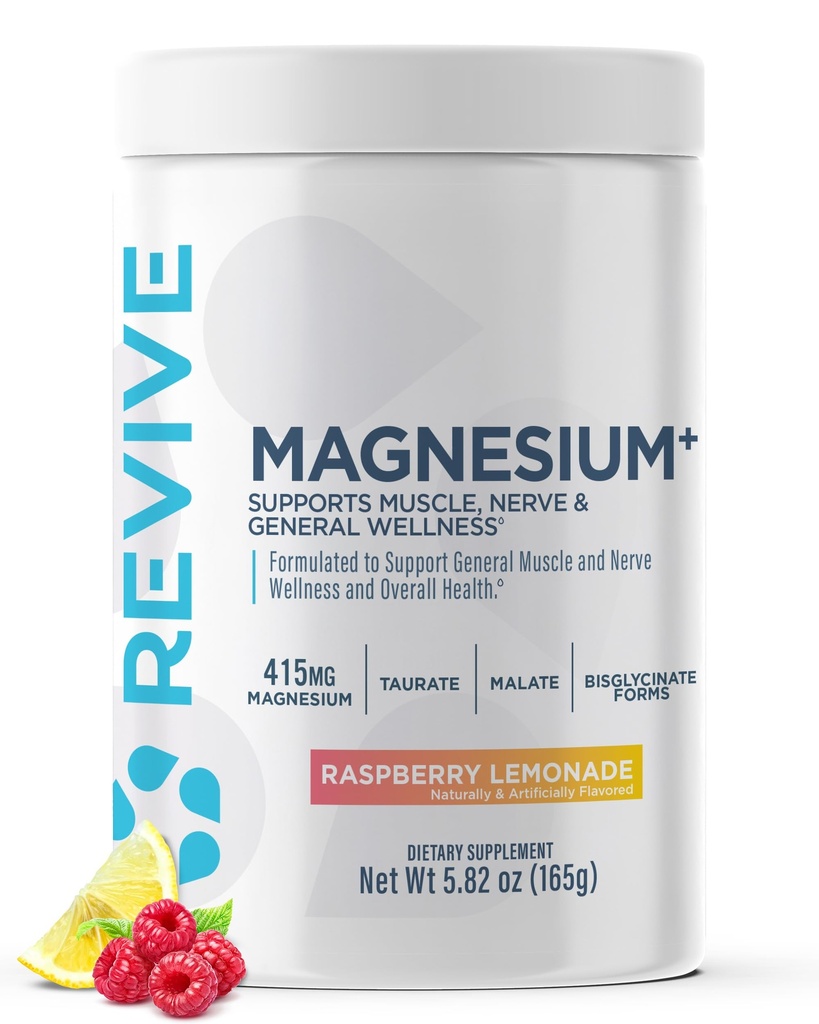 Revive MD Magnesium Powder Supplement - Magnesium Carbonaat & Taurate Powder Drink ondersteunt gezonde botten, spieren, & zenuwen - Vegan-Friendly, Gluten-Free & Soy-Free (Raspberry Lemonade, 30 porties)