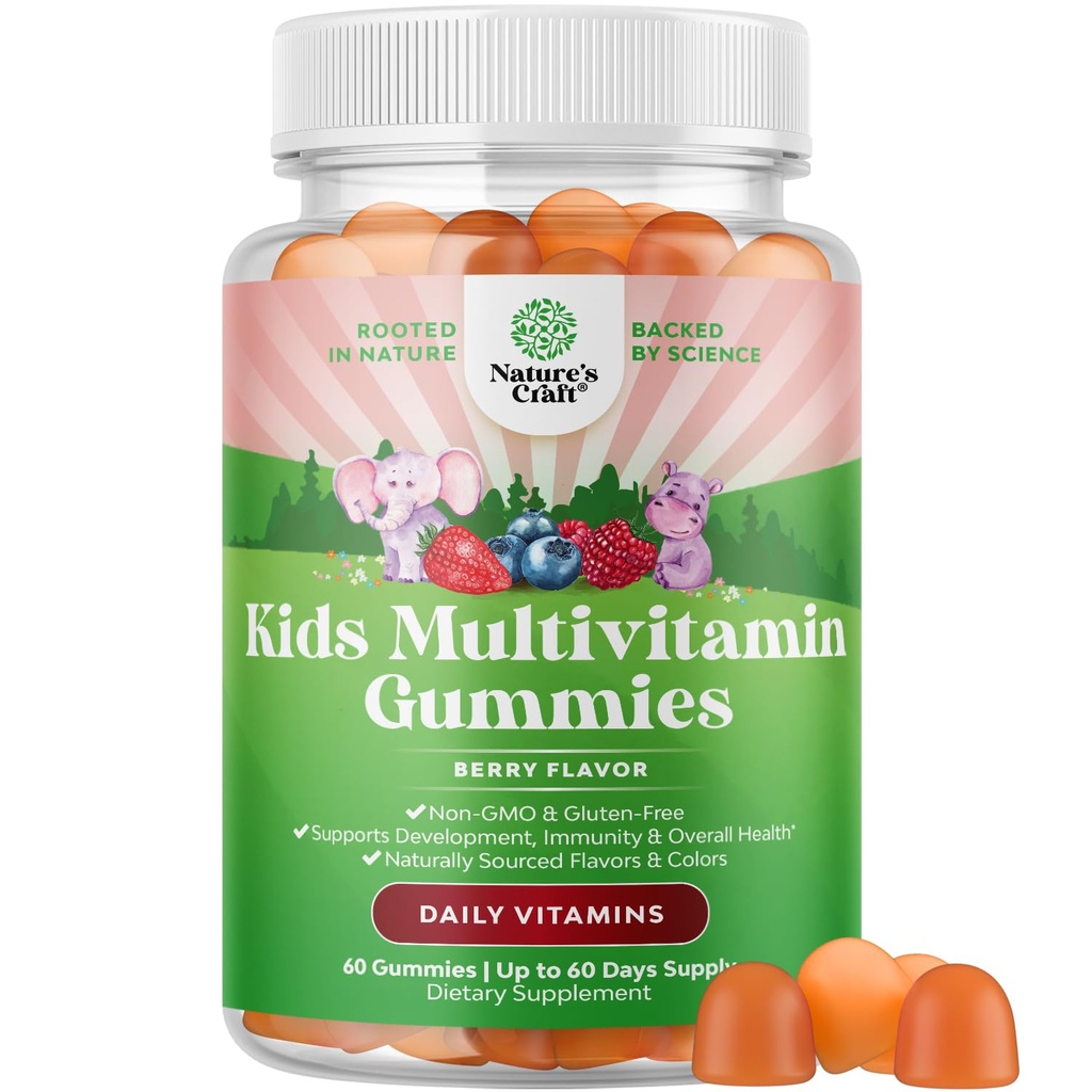 USDA Biologische Kids Multivitamine Gummies - Multivitamine voor kinderen Immune Ondersteuning met vitamine A, C, D3, E, B6 & B12, Zink & Jodium - Kindervitaminen Kauwbare Formule voor Sterke Gezondheid - 60 Tel.