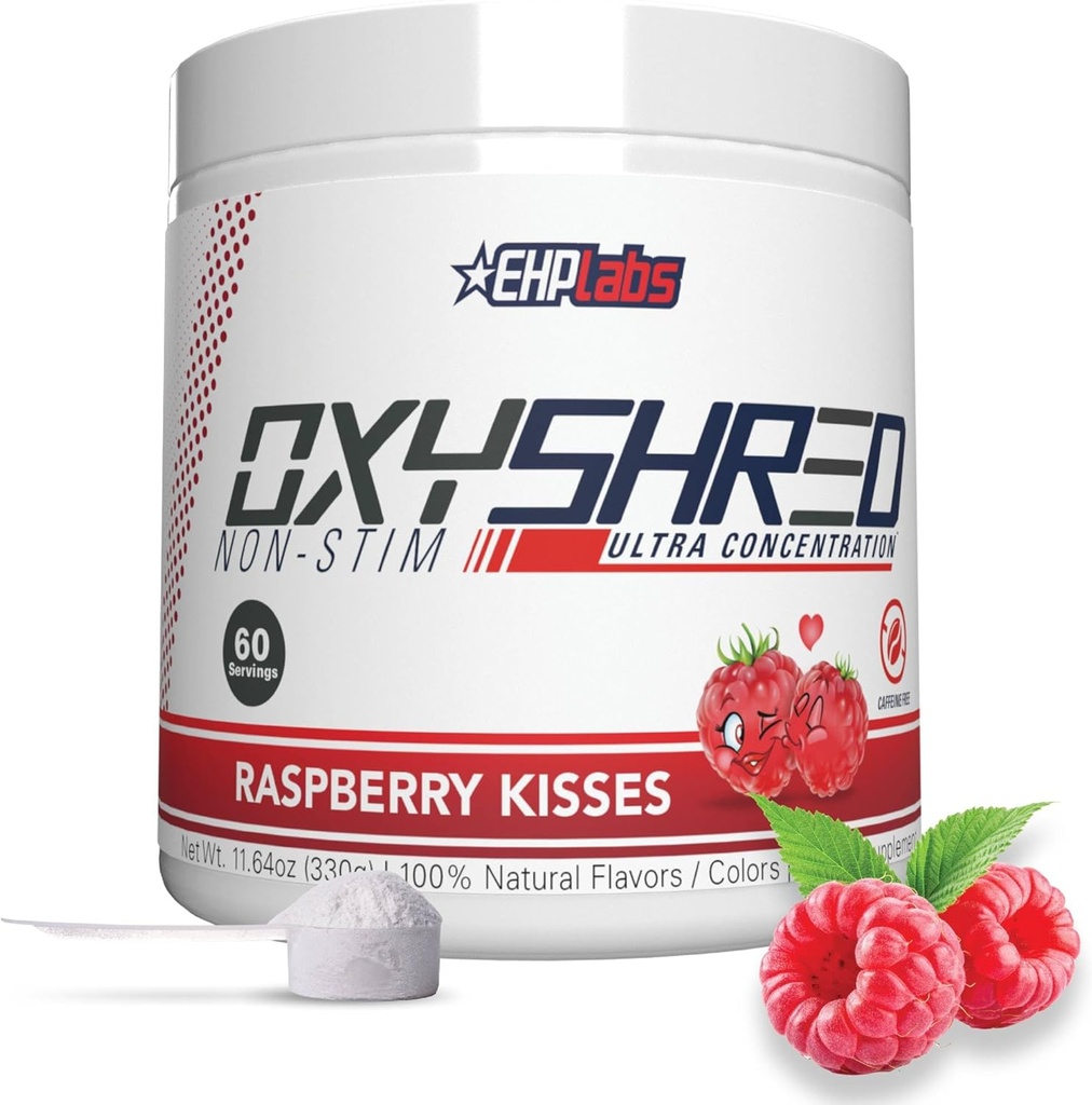 EHP Labs OxyShred Non Stimulant Pre Workout Powder - Stim Free, Caffeine Free Preworkout for Men & Women - Non Stim Preworkout - Sugar Free Energy Powder - Raspberry, 60 Servings