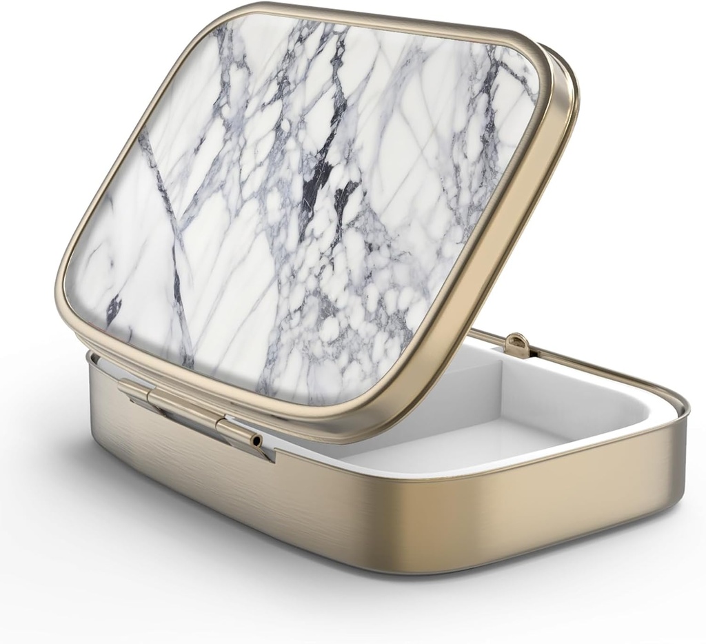 Pill Case Pill Box met Mirror Retro 2 Compartiment Kleine pil Case voor Purse of Pocket Bronze Rechthoekige Pill Box of Vitaminen, Visolie, Supplementen, Pill Bevat reizen Gifts(White Marble)