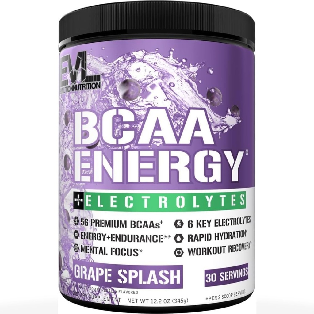 EVL BCAA's Aminozuren Poeder - BCAA Energy Pre Workout Powder for Muscle Recovery Lean Growth and Endurance - Rehydrating Post Workout Recovery Drink with 6 Key Electrolytes - Grape Splash