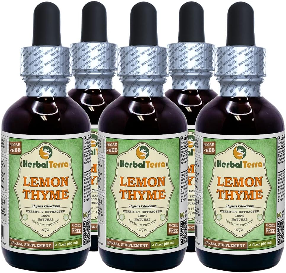 Citroenthym (Thymus x Citriodorus) Glyceriet, Organisch gedroogd kruiden Alcoholvrije vloeistof Extract (Grote naam: HerbalTerra, Trots Made in USA) 5x2 fl.oz (5x60 ml)