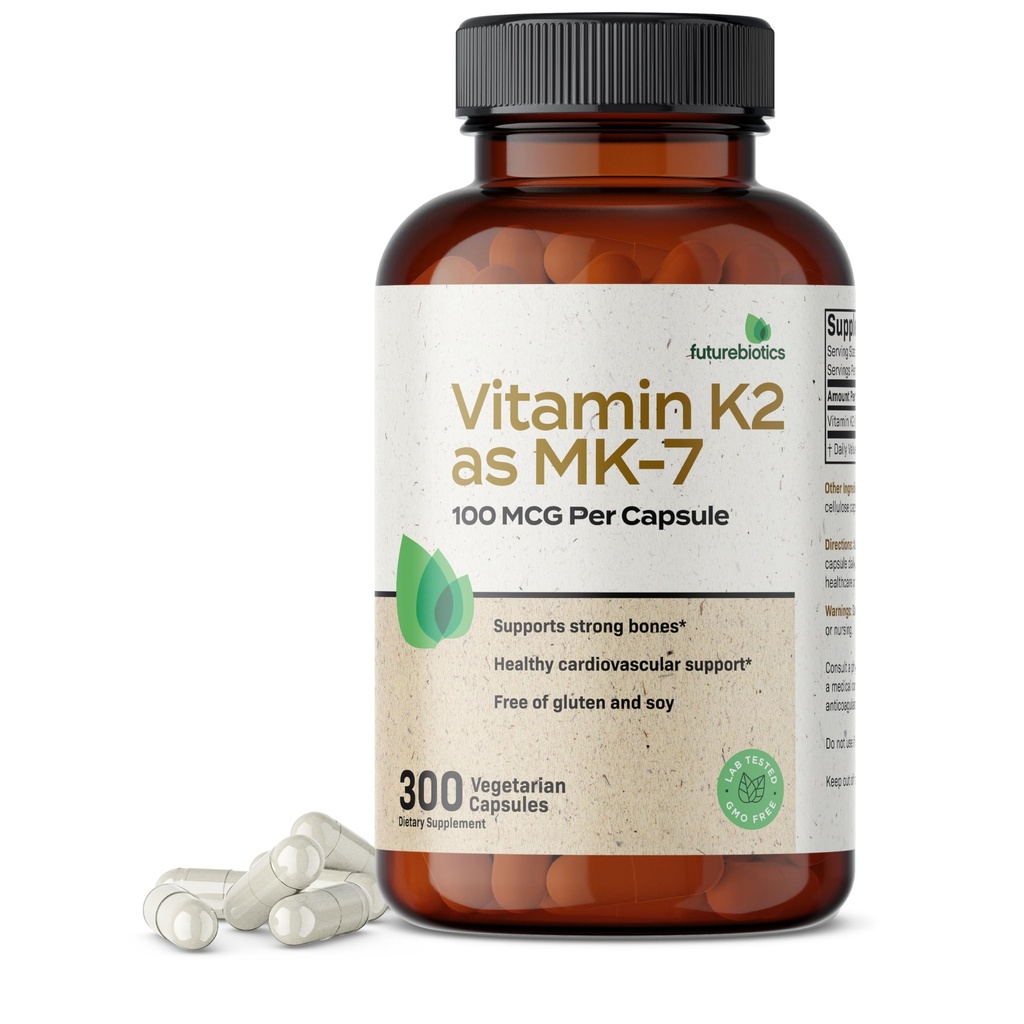 Futurebiotica Vitamine K2 als MK-7 100 mcg, Ondersteunt sterke botten- Niet-GMO, 300 Vegetarische Capsules