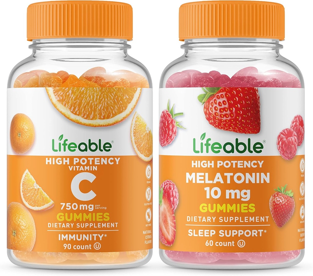 Levensvatbare vitamine C 750mg + Melatonine 10mg, Gummies Bundle - Grote Proeverij, Vitaminesupplement, Glutenvrij, GGO-vrij, Kauwgom