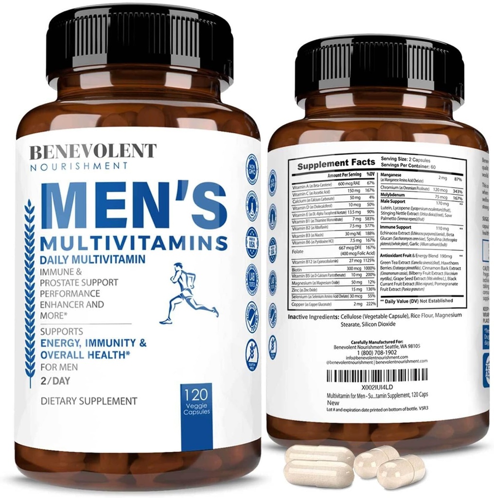 Benevolent Nourishment Multivitamin for Men - Supports Energy & Overall Health - Essential Daily Vitamins for Men, Biotin, Magnesium, Zinc & Antioxidant for Immune Health - Non-GMO,120 Caps