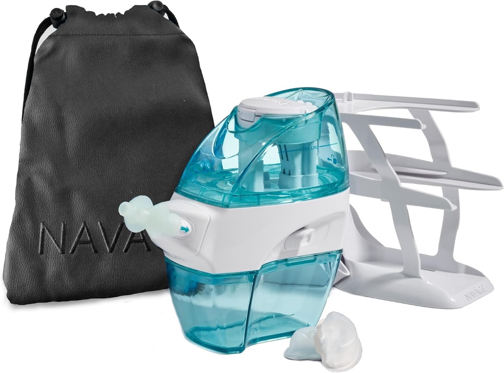 Navage Deluxe Bundle Neus Neus Sproeisysteem - Saline Nasal Rinse Kit met 1 neusreiniger, 30 zoutpillen, zwarte reistas en 1 countertop Caddy