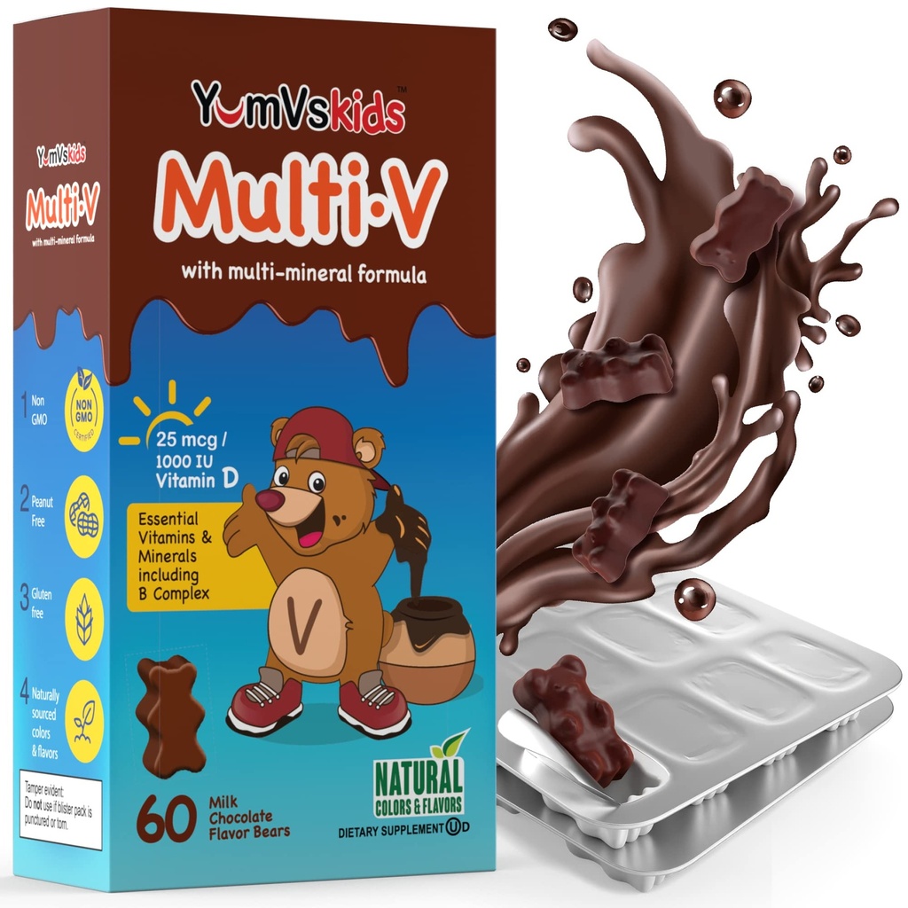YUM-V'S - Kinderen Multivitamine Kauwbare Chocolade Beren - Multivitamine voor kinderen Supplement - 16 Vitaminen en Mineralen - Vitaminen Inclusief D, Zink, C, B Complex & Meer, 60 Telpakket van 1