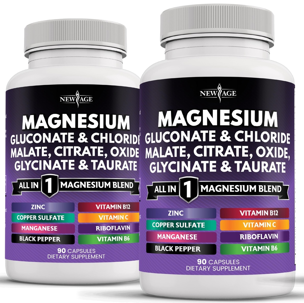NIEUWE AGE Magnesium Supplement - Krachtige Glycinate Citrate Malate Oxide Taurate Aspartate Gluconate Orotate & Mag Chloride Mangaan Bone Strength, gezamenlijke ondersteuning 180 Tel.