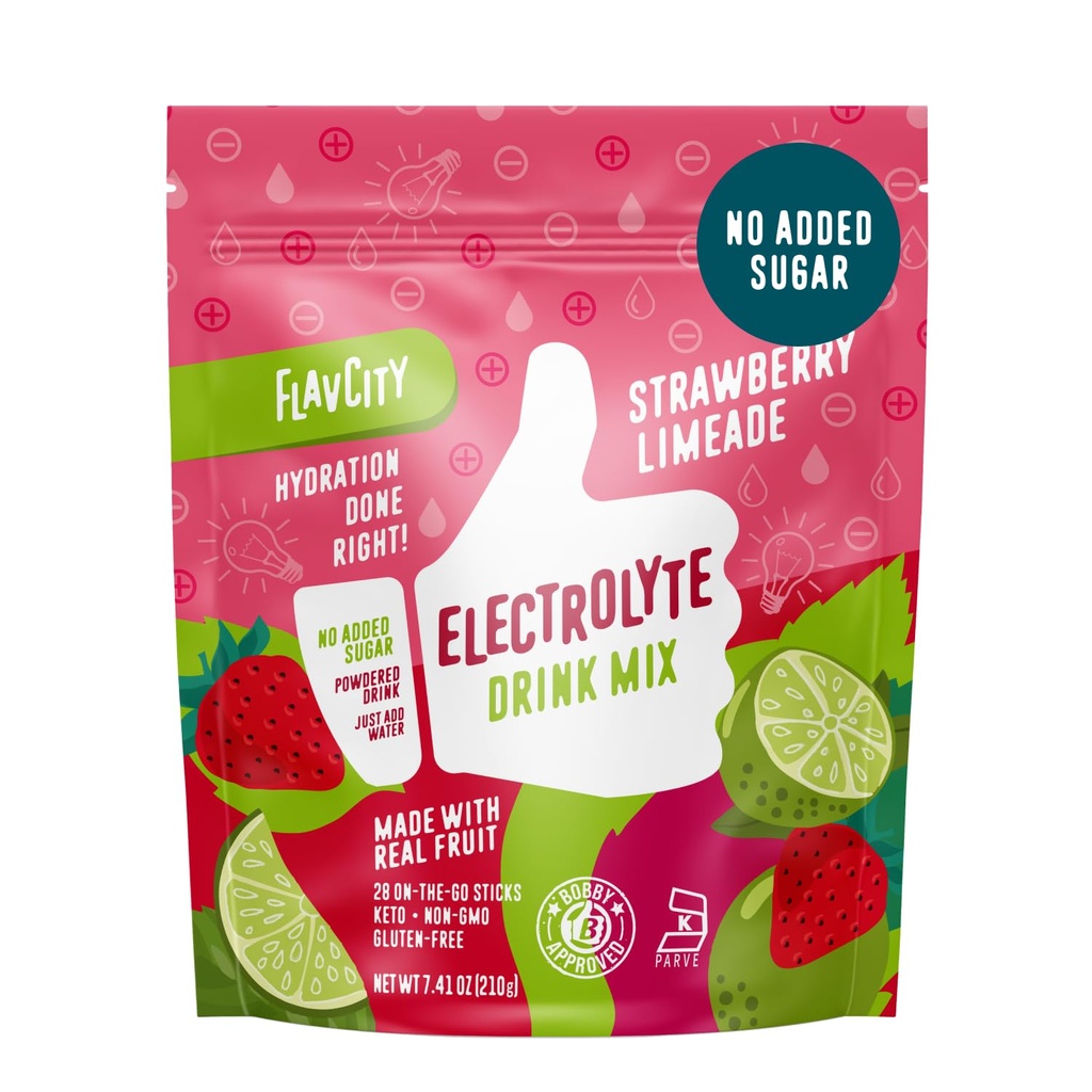FlavCity Strawberry Limeade Electrolytes Powder Packets - 28 Hydration Packets - No Added Sugar - Hydration Powder with Real Fruit & Unraffinaderij Sea Salt - Keto & Gluten-Free (28 Stick Packs)