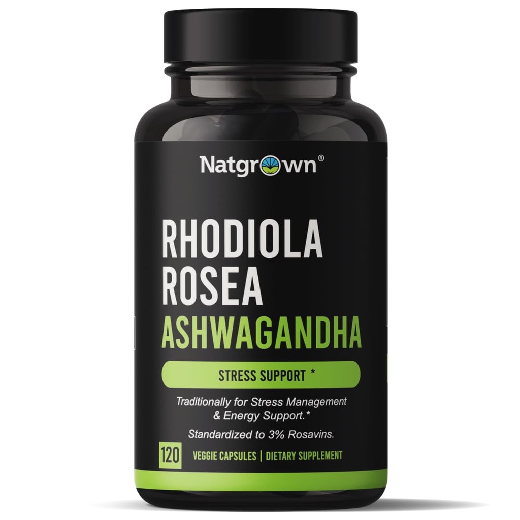 Natgrown Rhodiola Rosea met Ashwagandha Root Extract Capsules - Gestandaardiseerd tot 3% Rosavins en 1% Salidroside - 120 Tellen