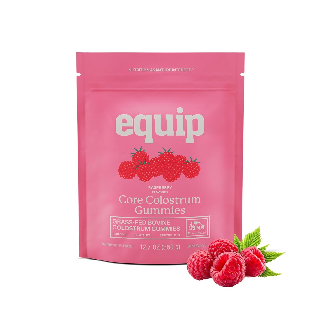 Equip Foods Core Bovine Colostrum Gummies - Delicious 1g Per Seving Grass Fed Colostrum Supplement - Gut Health, Immunity, Herstel, Hair & Skin - 60 Bovine Colostrum Gummies, 30 Servings, Framboos