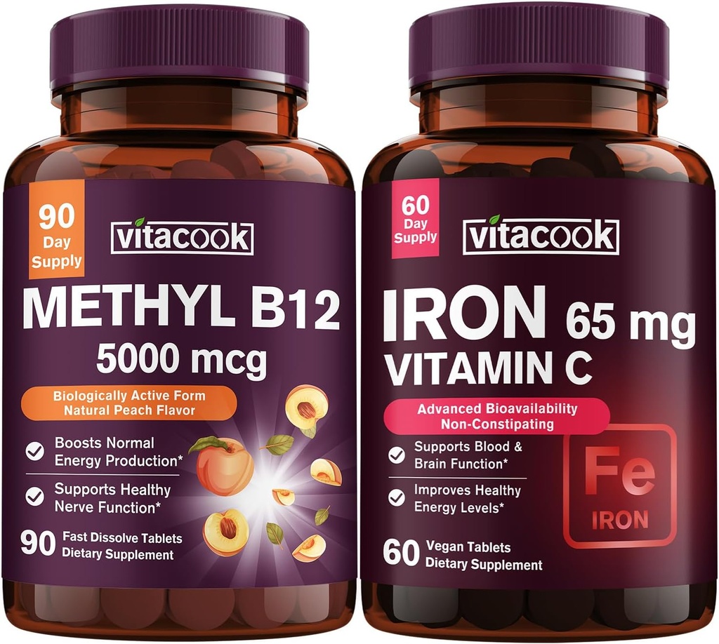 IJzer en vitamine B12 Bundel, 5000 mcg B12, Zero Sugar, Carbonyl ijzer met vitamine C, Zacht op de maag