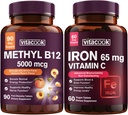 IJzer en vitamine B12 Bundel, 5000 mcg B12, Zero Sugar, Carbonyl ijzer met vitamine C, Zacht op de maag