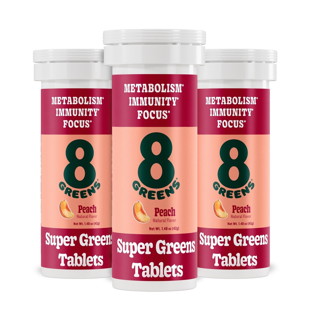 8Greens Supergreens Tabletten Supergroen Poeder Superfood Tablet, Metabolisme Immuniteit & Focus, Dagelijkse Groenen Bruistabletten, Organisch: Aloë Vera, Spirulina, Chlorella, Perzik, 30 Serven