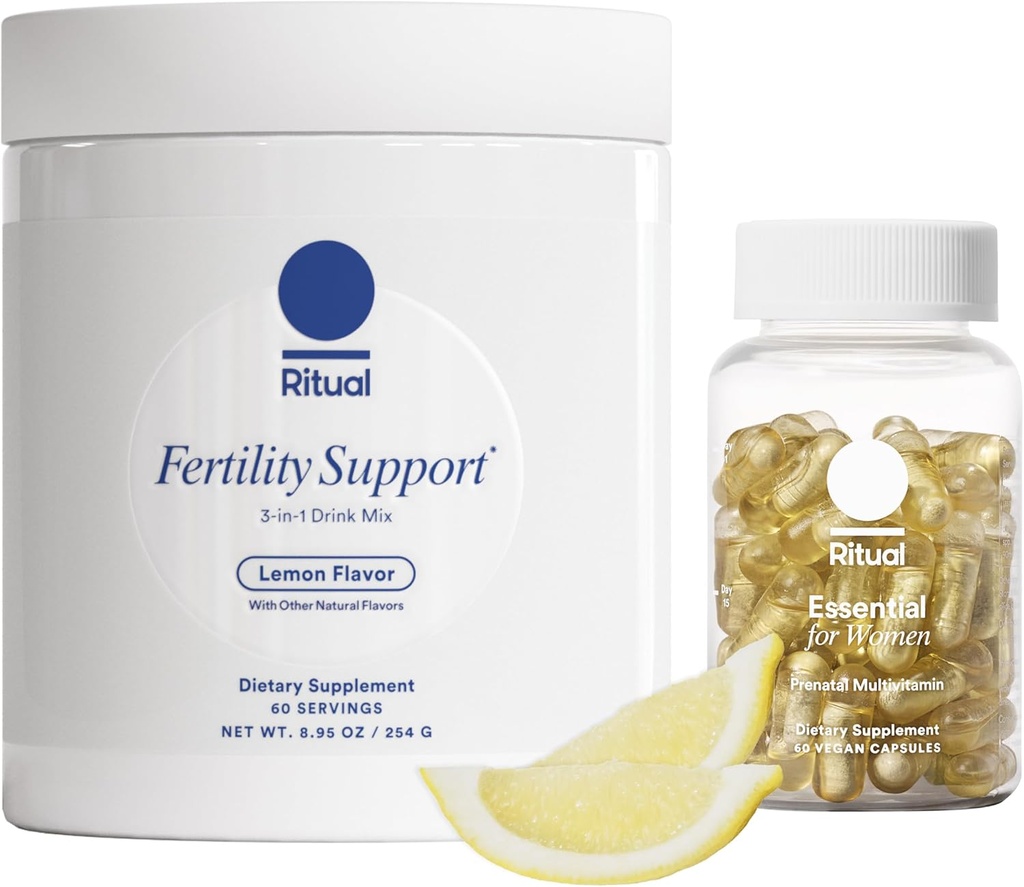 Rituele Preconception Bundle: Essentieel voor vrouwen Prenatale Multivitamine en Lemony Vruchtbaarheid Ondersteuning Drink Mix Supplement met NAC, CoQ10 en Myo-Inositol. Veganistisch en geformuleerd om haar te ondersteunen.*