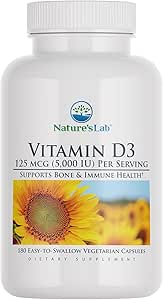 Nature's Lab Vitamine D3 5000 IE 180ct (6 maanden levering) voor Immune Ondersteuning en gezonde botten Glutenvrij, Niet GGO