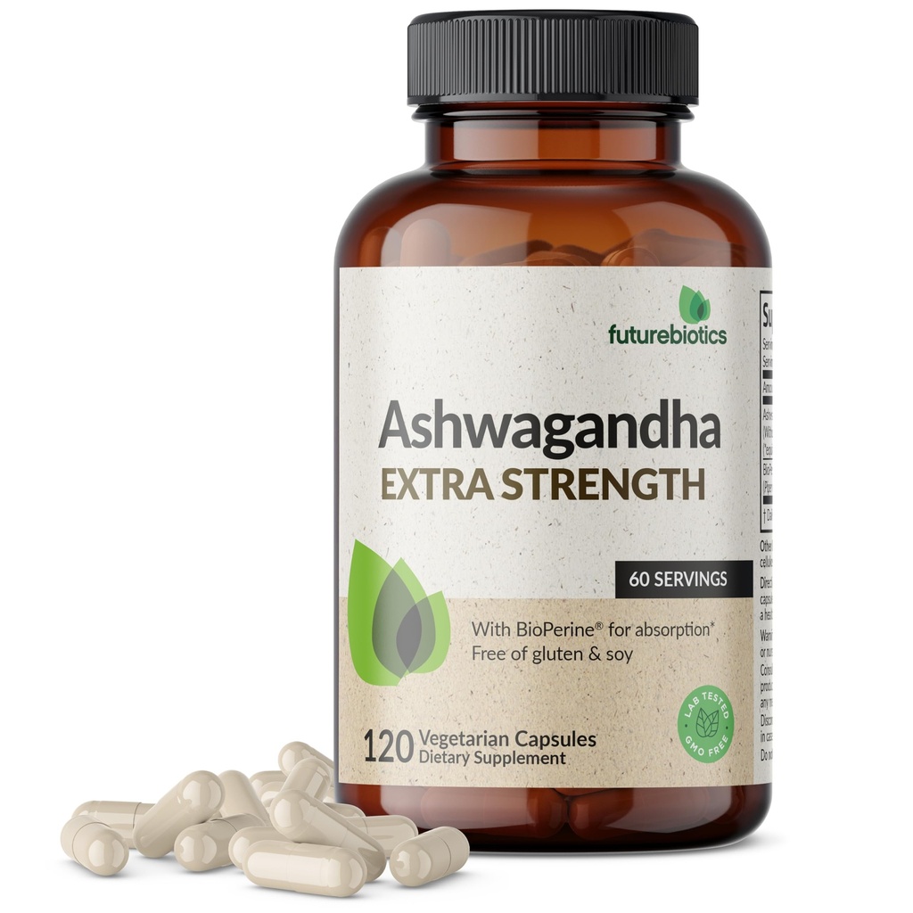 Futurebiotica Ashwagandha Extra sterkte Stress & Mood Ondersteuning met BioPerine - niet GGO-formule, 120 Vegetarische Capsules