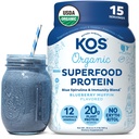 KOS Plant Based Protein Powder, Blueberry Muffin - Biologische Pea Protein Superfood met Spirulina en Immune Support Blend. Soja, Gluten, Zuivelvrij - Veganistisch Maaltijden Vervanging voor vrouwen en mannen - 15 porties