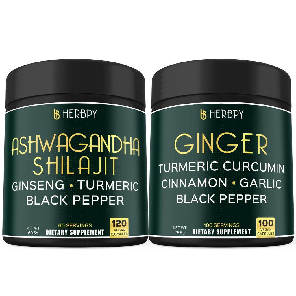 Bundel 5in1 Ashwagandha Shilajit & 5in1 Ginger Supplement - Ondersteuning Hart, spijsvertering Gezondheid en Immuun