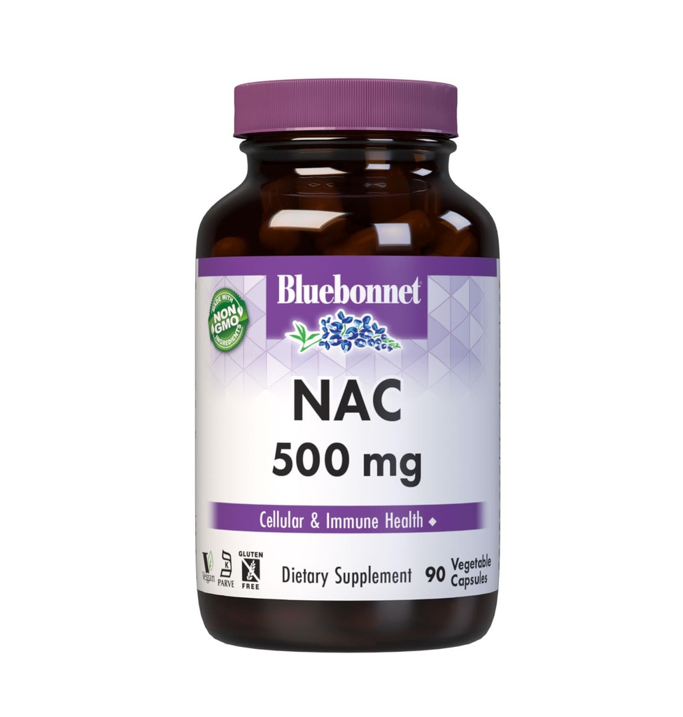 Bluebonnet NAC Supplement N-Acetyl-L-Cysteine 500 mg - Antioxidant Cellular Health & Immuun Support - Free-Form Amino Acid for Women & Men - Non-GMO, Kosher, Glutenvrije - 90 plantaardige capsules