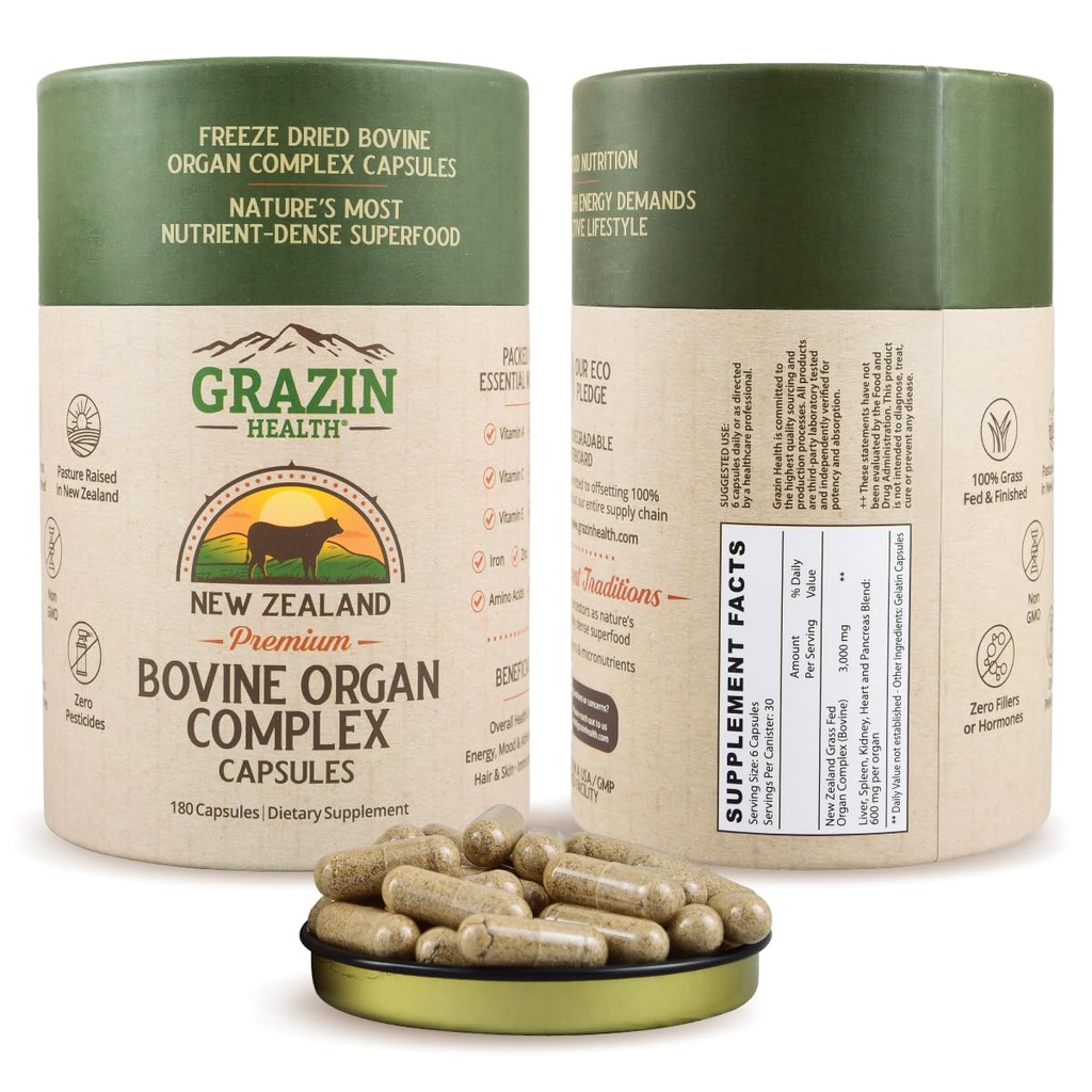 Grass Fed Bovine Organ Complex: Liver, Spleen, Kidney, Heart, Pancreas (600 Mg per Organ per Capsule), 3000 Mg per Serving (30 Servings)