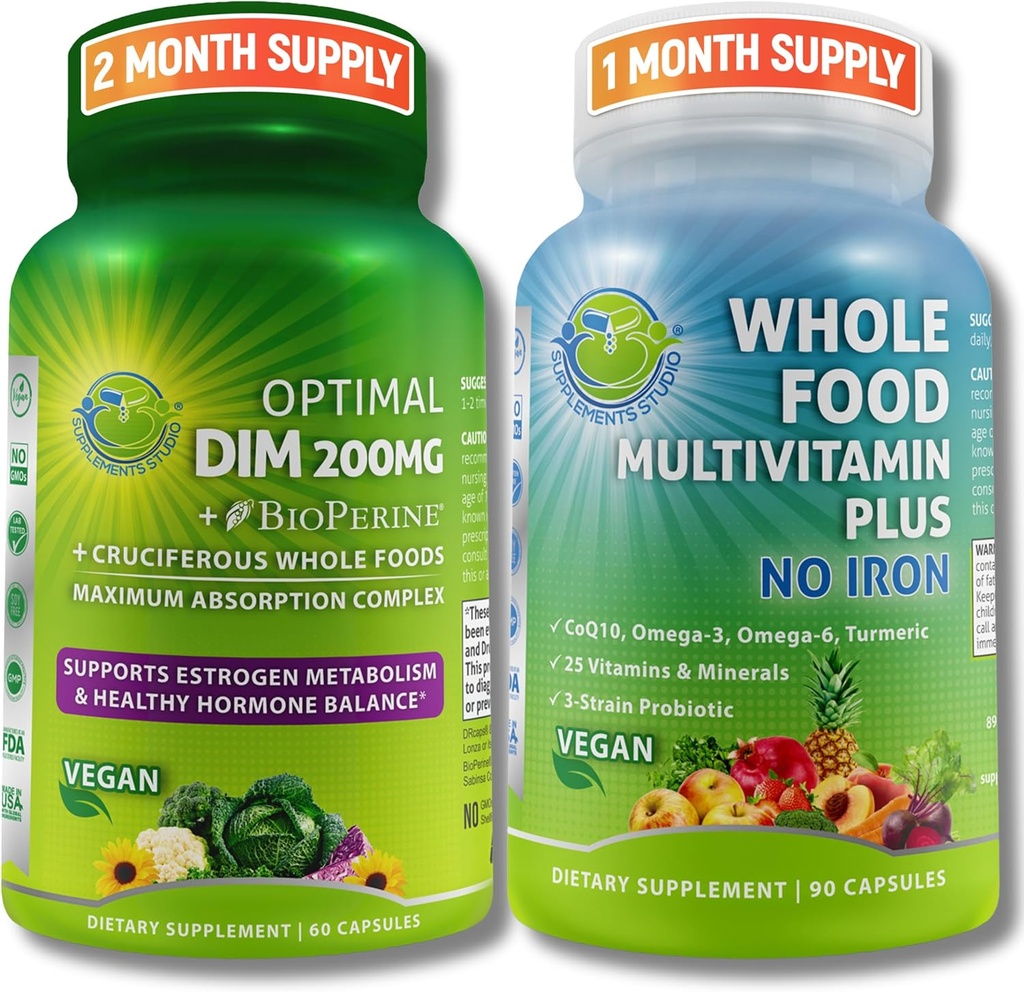Vegan Multi-system Support met CoQ10, Omega-3, Probiotica & Turmeric - Optimale DIM 200mg met BioPerine & Crucifer Flowers & Whole Food Multivitamine Plus (Geen ijzer) voor mannen & vrouwen Clean Label