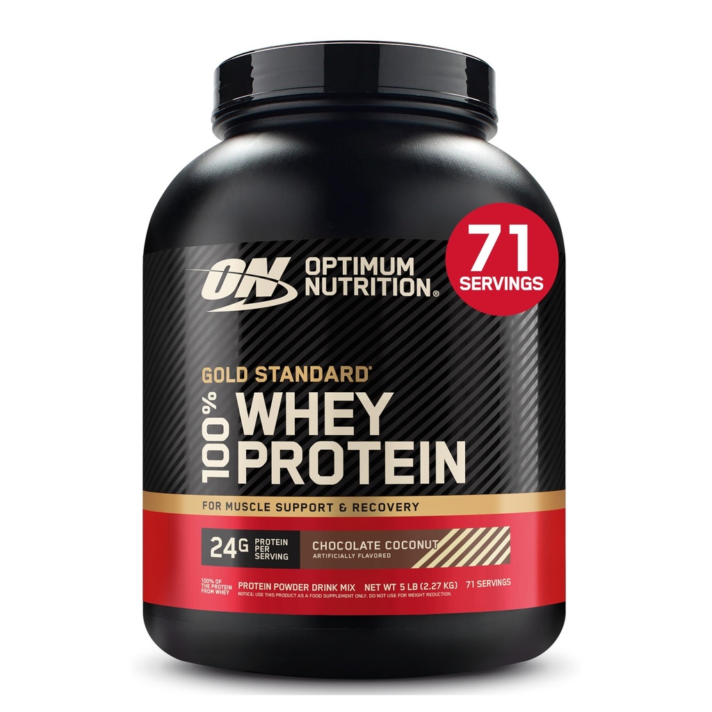 Optimale voeding Gold Standaard 100% Wei Proteïne Poeder, Chocolade Kokosnoot, 5 Pond (Verpakking mei Vary)
