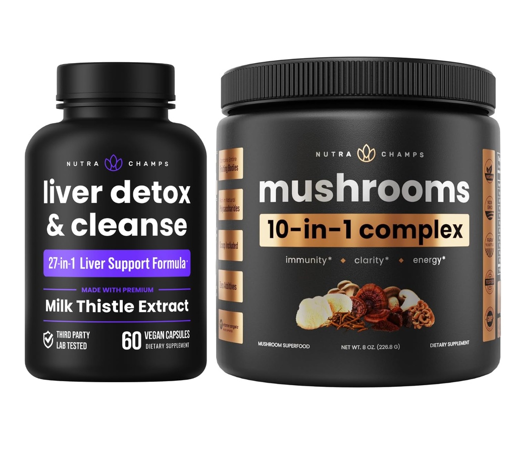 NutraChamps Lever Detox &amp; Mushroom Powder - Cognition, Detox & Immunity Bundle