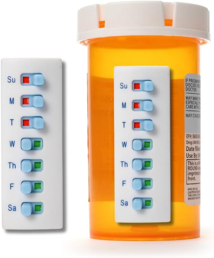 Peel and Stick Herbruikbaar voor 12 + Refills, Pill/Medication/Vitamine/Pet Med Tracker & Herinnering, Bevestig aan uw fles, Organizer-Free, Curved-Back (White, 2-Pack)