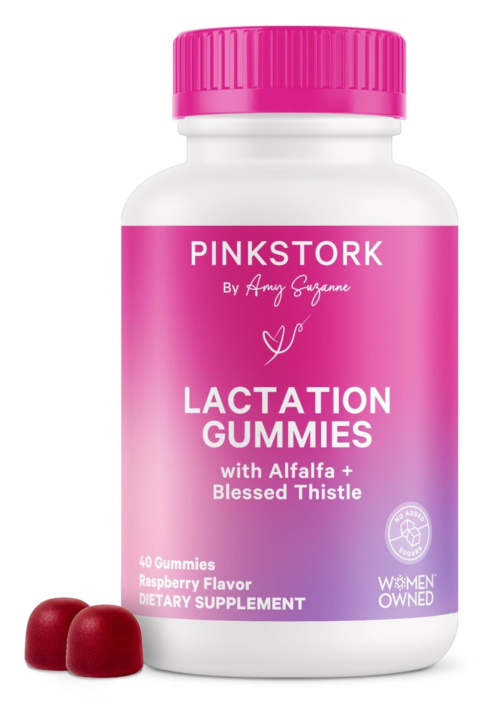 Pink Stork Lactation Supplement Gummies - Support Breast Milk Supply with Milk Thistle, Alfalfa, Vitamin D, and B12, Postpartum Recovery, Breastfeeding Essentials - Raspberry, 40 Count