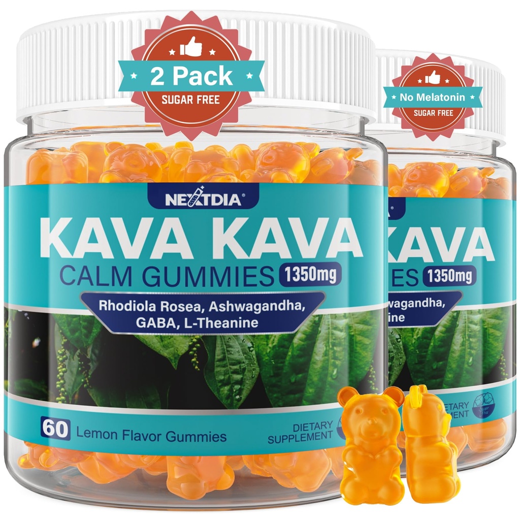Kava Kava Gummies, Sugar Free Calm Gummies w/Rhodiola Rosea, Ashwagandha, L-Theanine, GABA, Melatonine-Free Kava Blend voor ontspanning, rust en concentratie - alternatief voor Kava Powder Capsules, Vegan 120 Ct