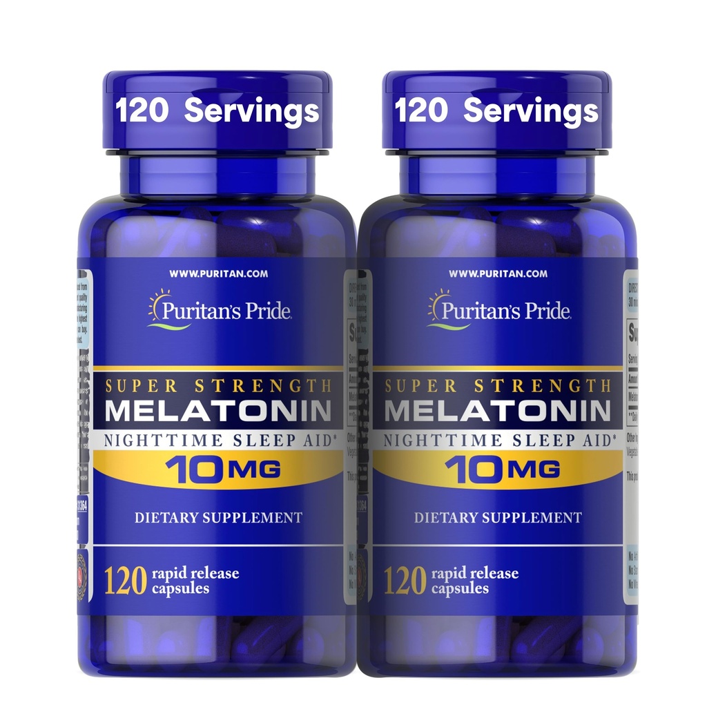 Puritan's Pride Premium Super Strength Melatonine 10mg Slaaphulp, Dieetsupplement voor geluid, rustgevende, & langere slaapondersteuning, 4 maanden Supply, 120 Rapid Release Capsules, 2 Pack (Verpakking mei Vary)