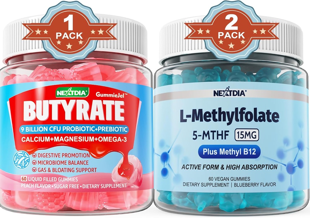 Butyrate with Probiotic + Prebiotic + Postbiotic, L-MethylFolaat 15mg Gummies