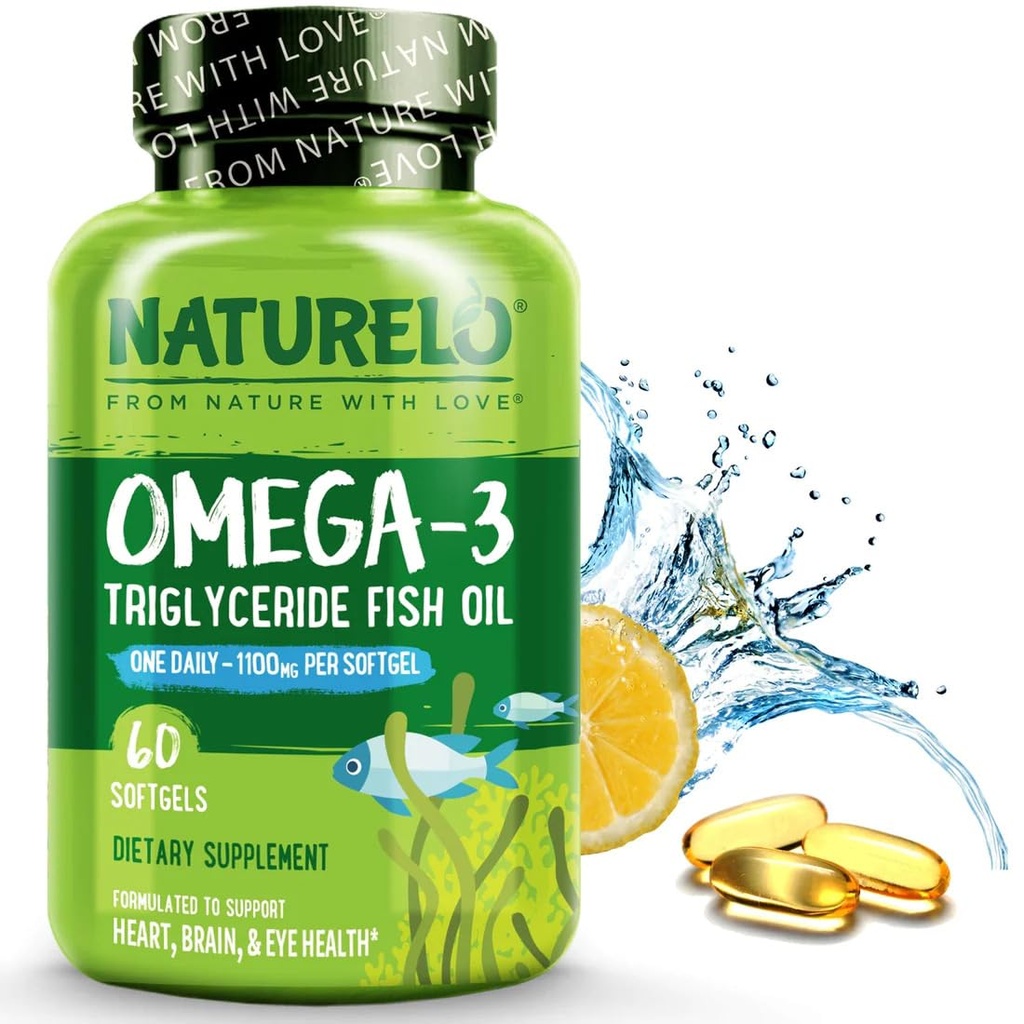 NATURELO Burpless Omega 3 Fish Oil Supplement - 1100mg triglyceride Omega-3, EPA + DHA, vloeibare visolie voor hart, oog, hersenen, Joint Health - 60 Softgels, 2 maanden Levering
