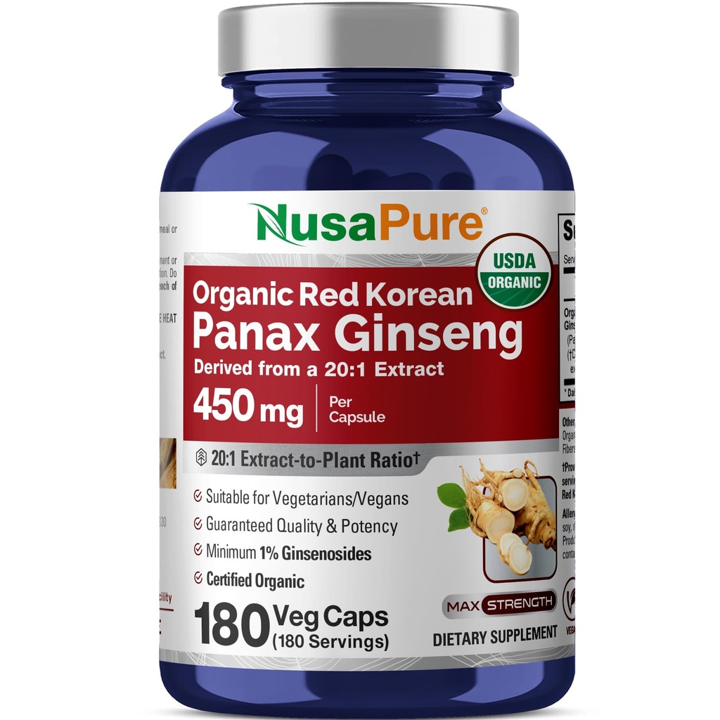 NusaPure Red Korean Panax Ginseng 20:1 Extract, 450 mg Equivalent aan 9000 mg 180 Veggie Caps (USDA Organic, Non-GMO, Vegan, Vegetarisch, Bioperine)