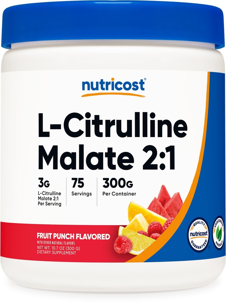 Nutricost L-Citrulline Malate 2:1 (300g) Fruit Punch - Workout Ondersteuning, Spierprestaties, Nitric Oxide Booster - Fitness Supplement Powder, 75 porties