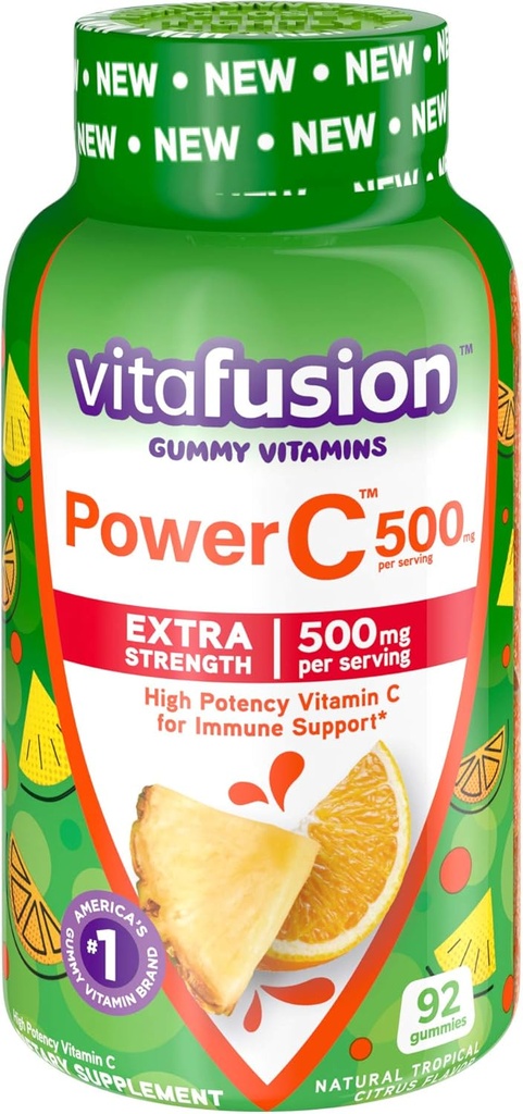 Vitafusie Kauwbaar Calcium & vitamine C Gummy Vitaminen, Fruitsmaak, 100 Tel en Tropische Citrus Smaak, 92 Tel.