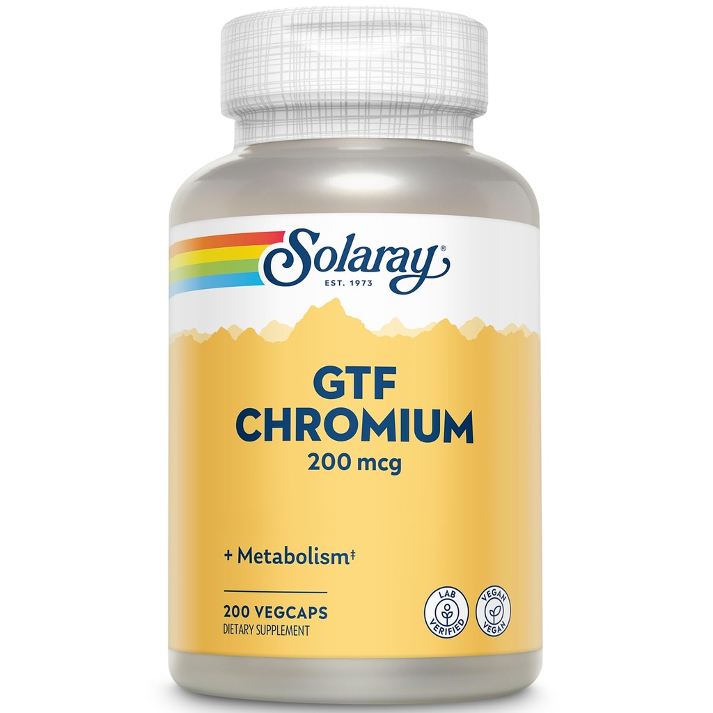 Solaray GTF Chromium 200mcg - Pure Chromium GTF 200 mcg Supplement, Ondersteunt Metabole functie en hele lichaam gezondheid voor mannen en vrouwen - 200 Vegan Capsules