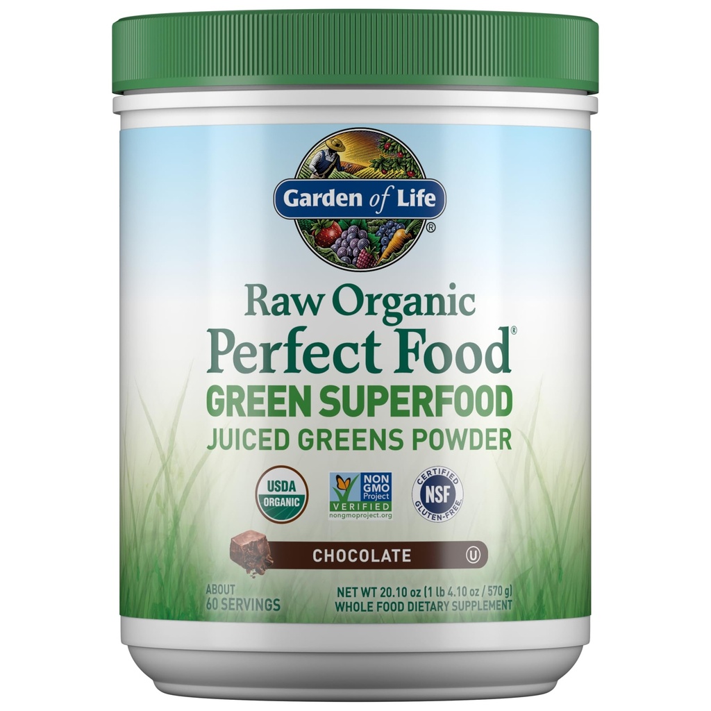 Tuin van het leven Rauw Biologische Perfecte Eten Groen Superfood Gesapeerde Groenen Poeder - Chocolade, 60 Servers, Non-GMO, Glutenvrij, Veganistisch Gehele Voeding Dieetsupplement Plus Probiotica, Enzymen