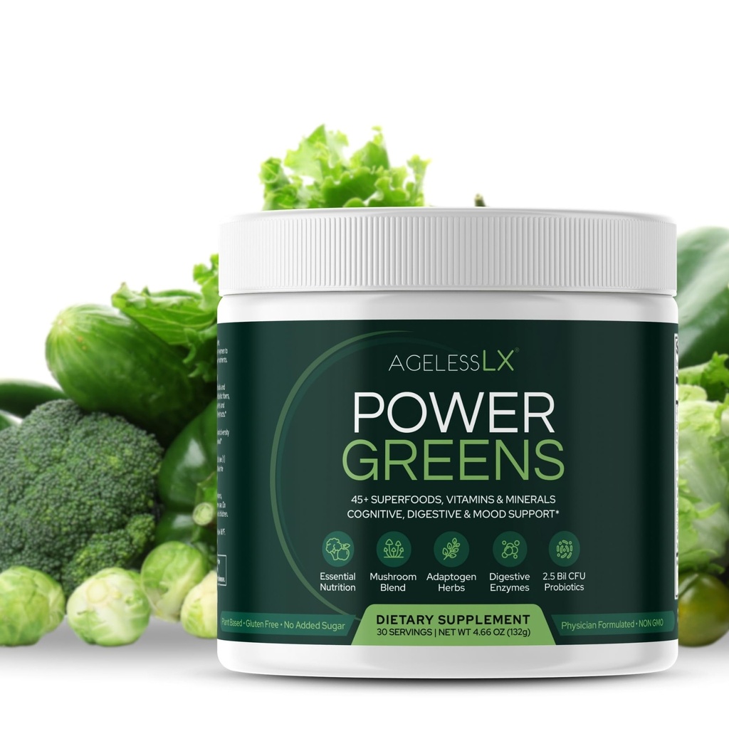 AgelessLX Power Greens, 42 Superfoods with Probiotics, Enzymes, and Prebiotic Fiber for Enhanced Energy, Immunity & Digestive Health, 30 Servings