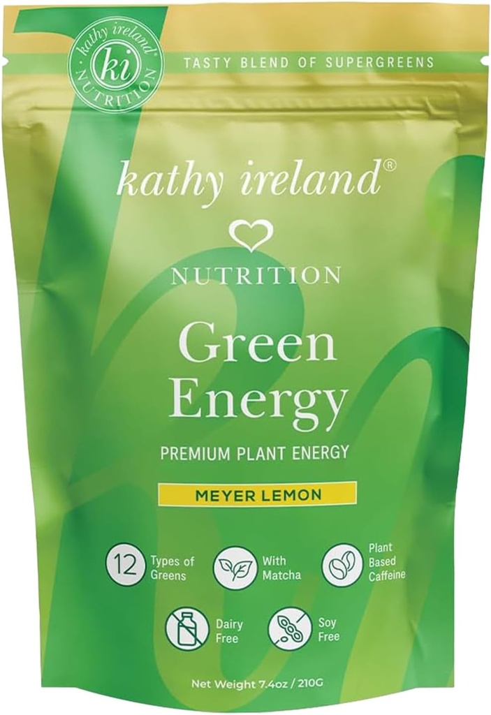 Kathy Ireland Super Greens Energy Powder, Clean Energy Drink Mix met Matcha & Green Tea, Immune & Digestief Ondersteuningssupplement, No Added Sugar, Meyer Lemon Flavor, 7.4 oz