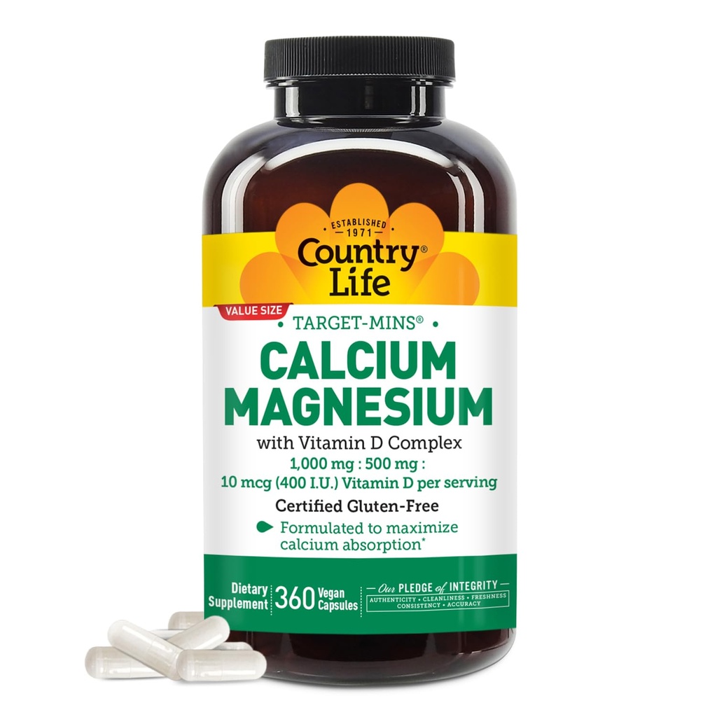 Country Life Target-Mins Calcium Magnesium met vitamine D-complex, 1000mg/500mg/10mcg, 360 Vegan Capsules, Certified Gluten Free, Certified Vegan, Verified Non-GMO Geverifieerd...