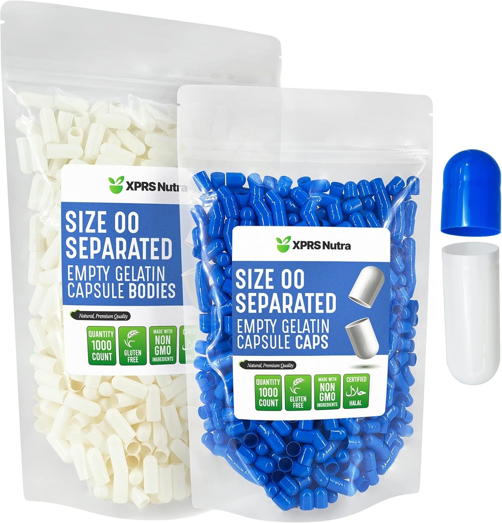 XPRS Nutra gescheiden capsules Maat 00-1000 Telle Lege Gelatine Capsules gescheiden in zakken - Premium Lege 00 pillen voor DIY supplement vullen (Blauw/Wit)