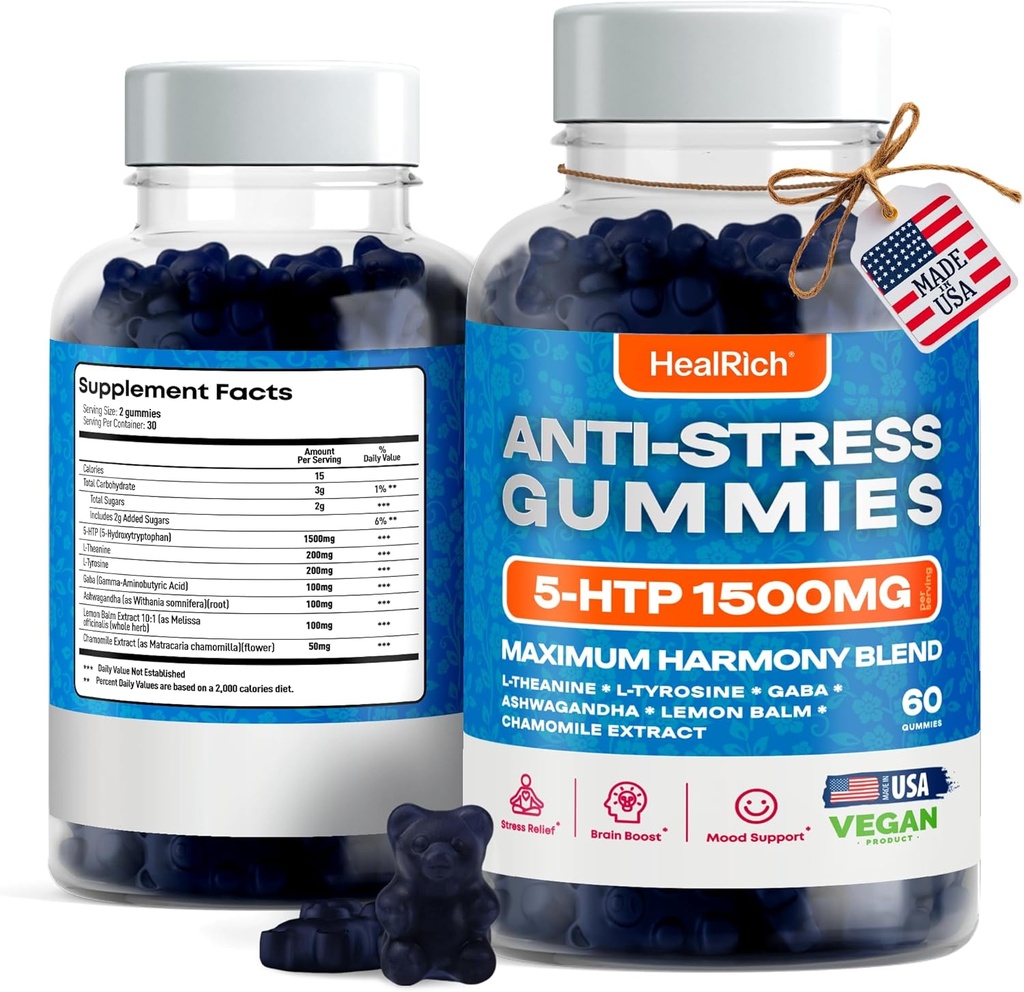 Stress Relief Gummies - 1500MG 5HTP met L-Theanine Gaba & L-Tyrosine - Ashwagandha Herbal Supplement ondersteunt intellectuele alertheid Veganistische Brain Mood Boost Supplementen voor kinderen & volwassenen Made in USA