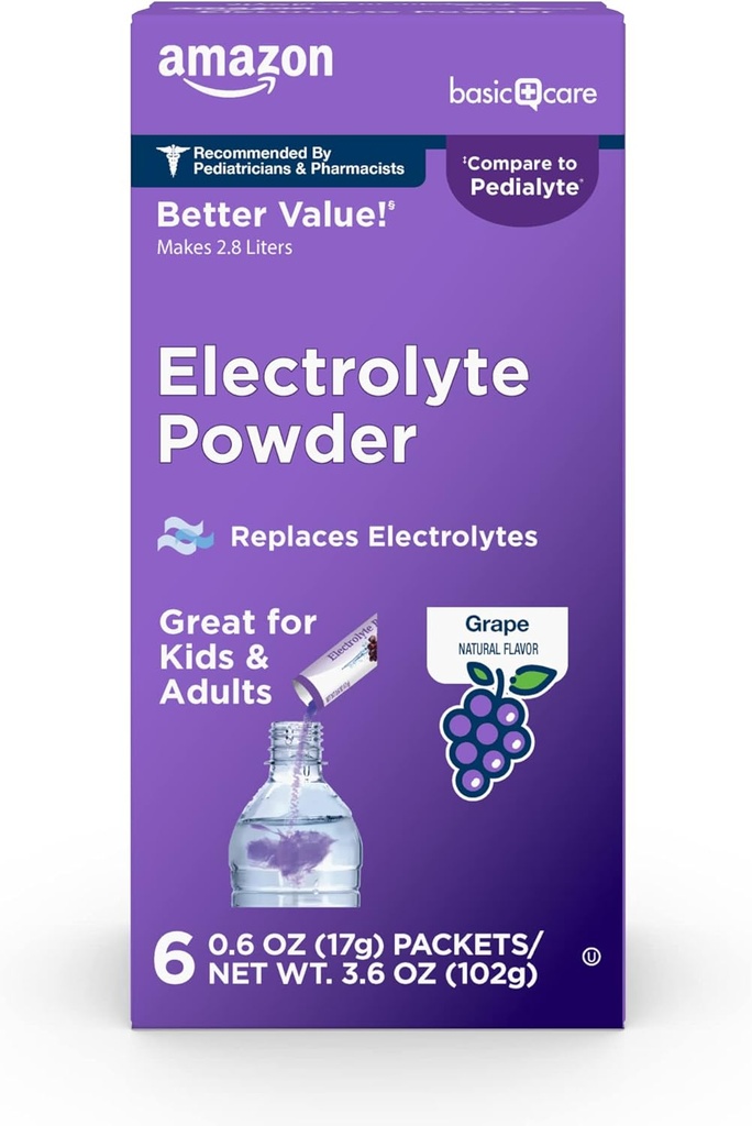 Basic Care Electrolyte Powder Packets for Rehydration for Kids & Adults, Grape Flavor, 6 Tellen (Pack of 1)