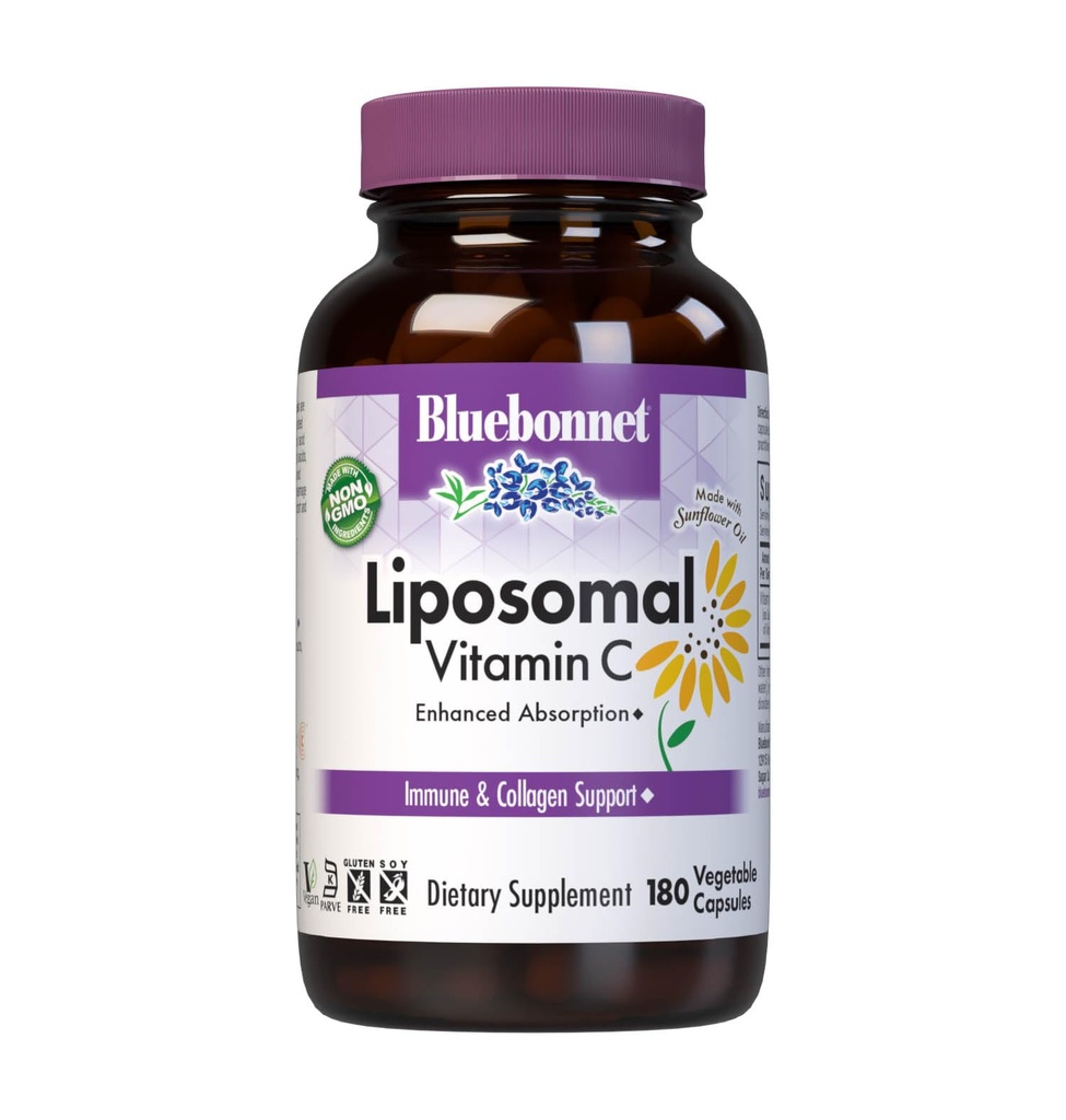 BlueBonnet Nutrition Liposomale Vitamine C 1000 mg, Gemaakt met Zonnebloemolie, Immune & Joint Comfort*, Vegan, Kosher, Non-GMO, Glutenvrij, Soy-Free Melkvrij, 180 plantaardige capsules, 90 porties