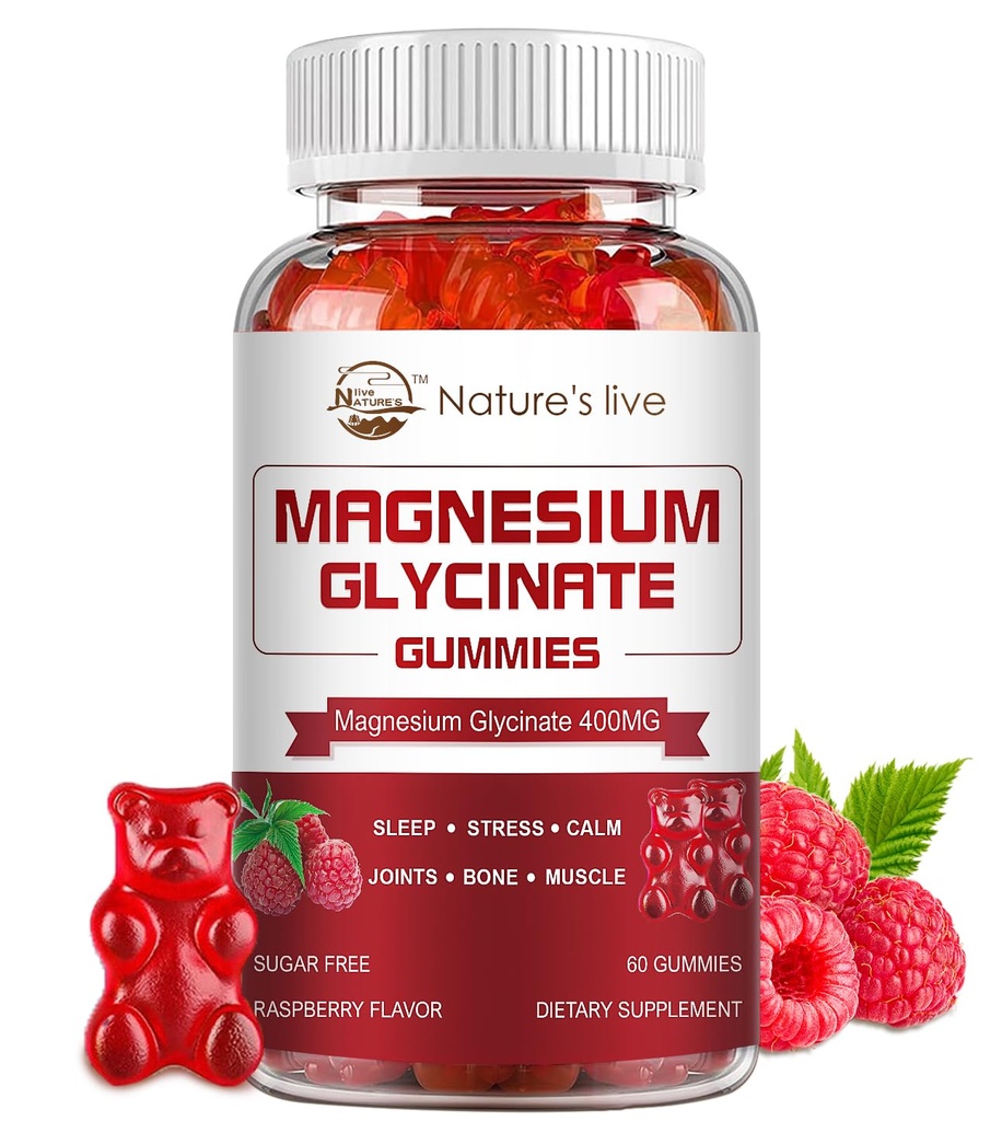 Magnesium Glycinate Gummies, Suikervrij Magnesium Supplement met Magnesium Glycinate 400mg, Magnesium L-Threonate 200mg voor Kalm Mood, Spier, Bot & Slaap voor Volwassenen, 60 Raspberry Gummies